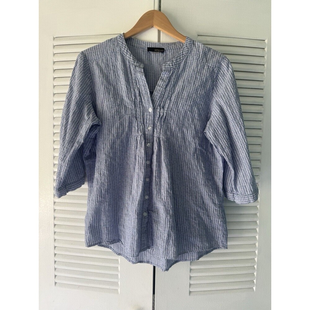 Renuar Blue Gingham Cotton Gauze Blouse Roll Tab High Low Sheer Top Medium - Picture 6 of 9